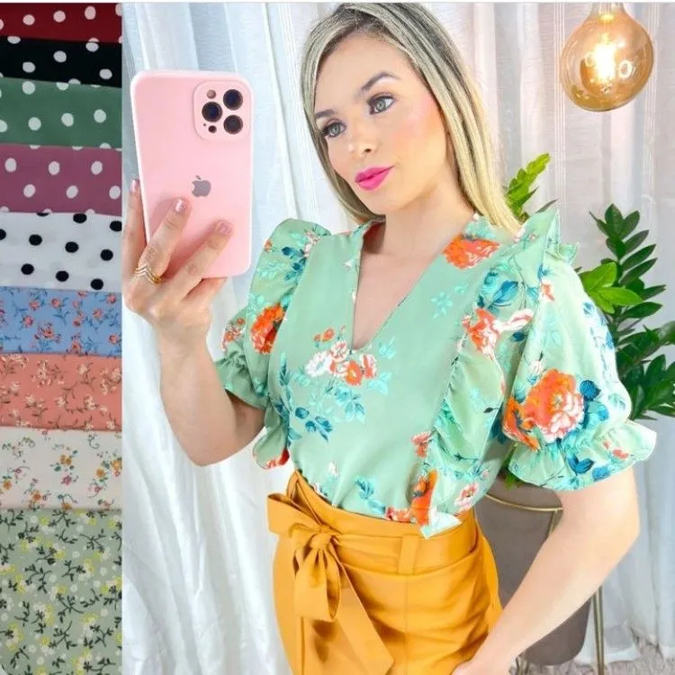 Camisa cropped manga sino com estampa três quartos001