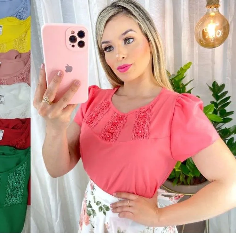 Blusa  Feminina Manga curta com tule ou renda.001