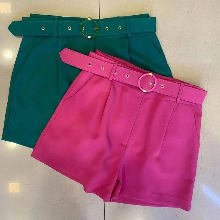 Shorts Casual Liso Básico Com Bolso com Cinto