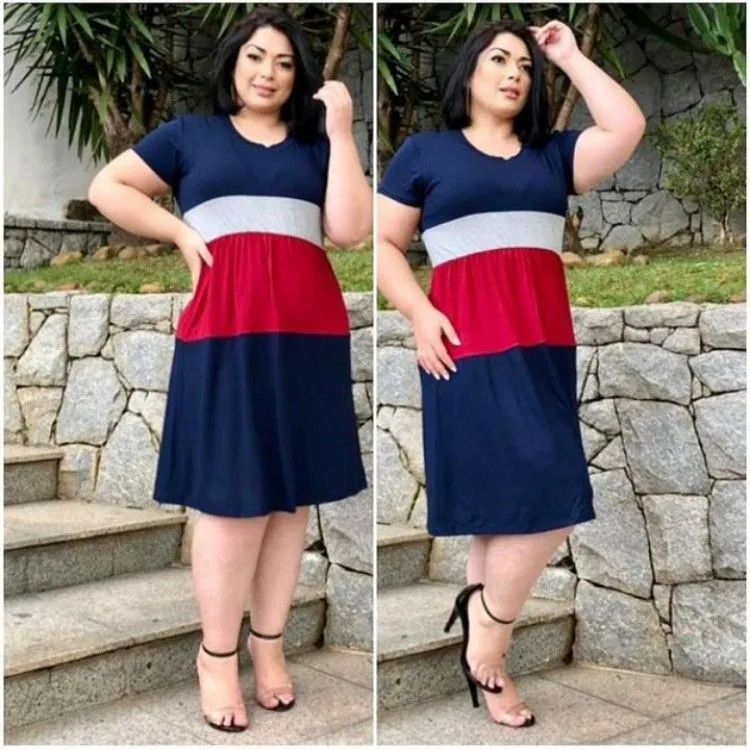 Vestido feminino em Viscolycra listrado moda evangélica com  bolso moda plus size