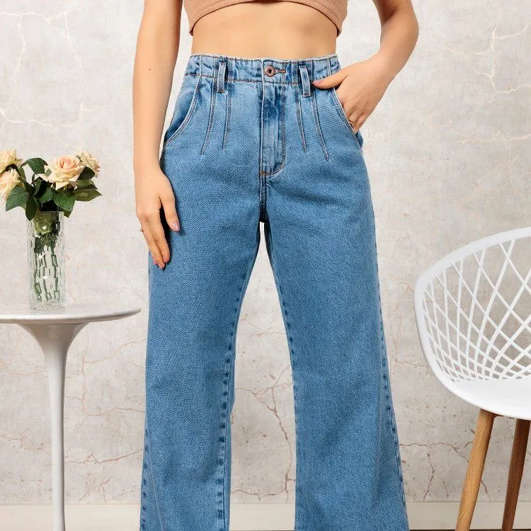 Calça Wide Leg
，Jeans cintura alta cintura reta slimming perna larga