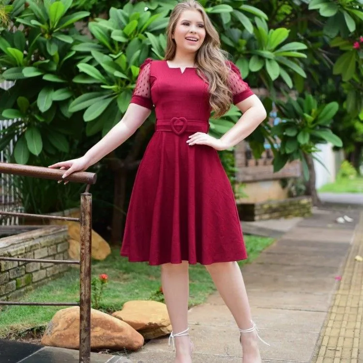 Vestido Evangélico Midi Godê Com Cinto Coração Manga Curta Tule Festa