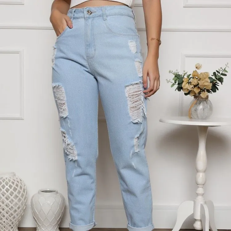 CALÇA MOM JEANS DESTROYED DE ELÁSTICO