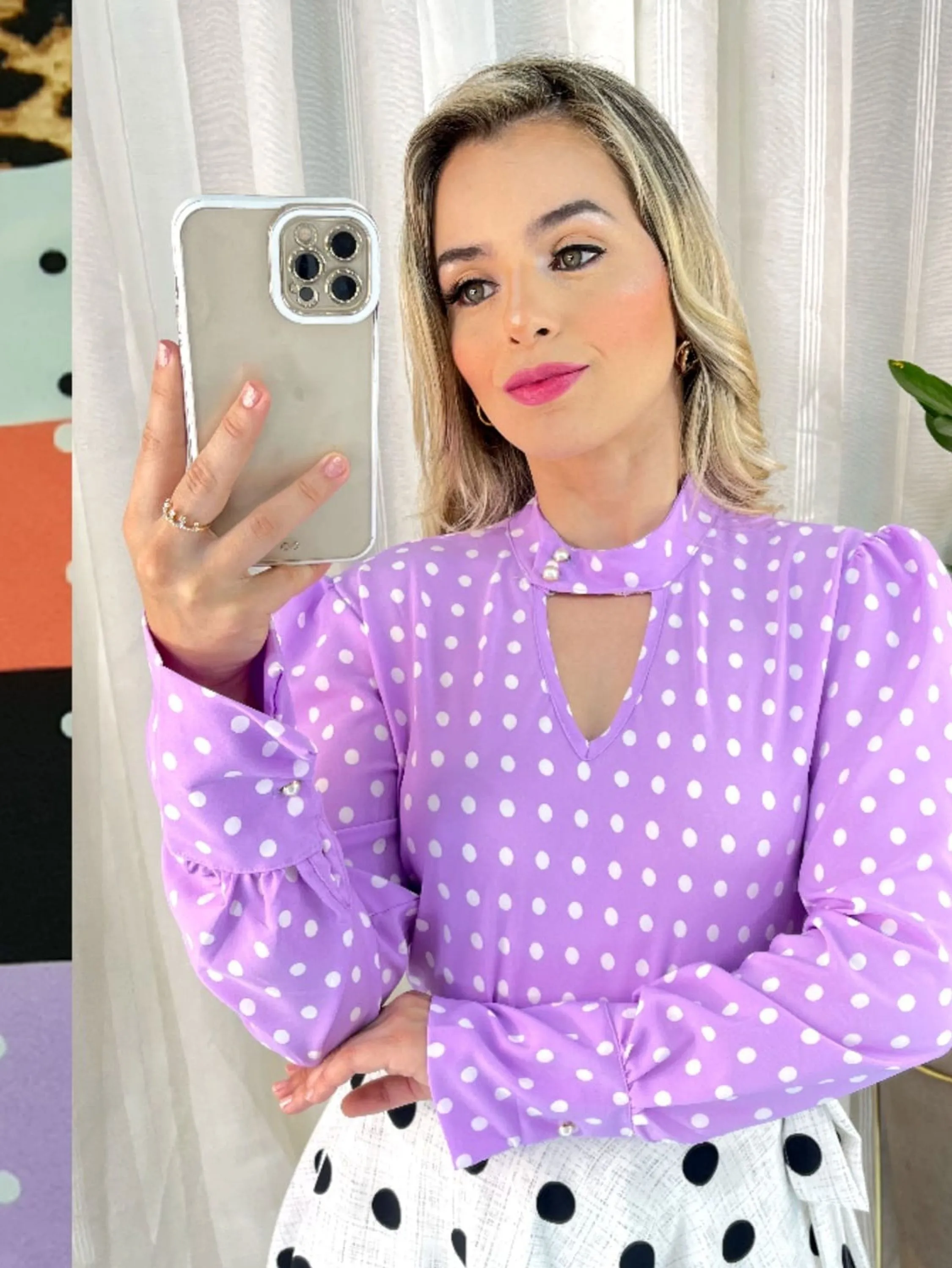 blusa social manga longa e bolinha moda feminina