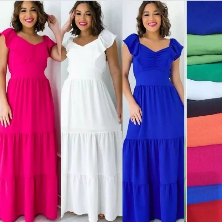 Vestido longo liso com alças de babados505