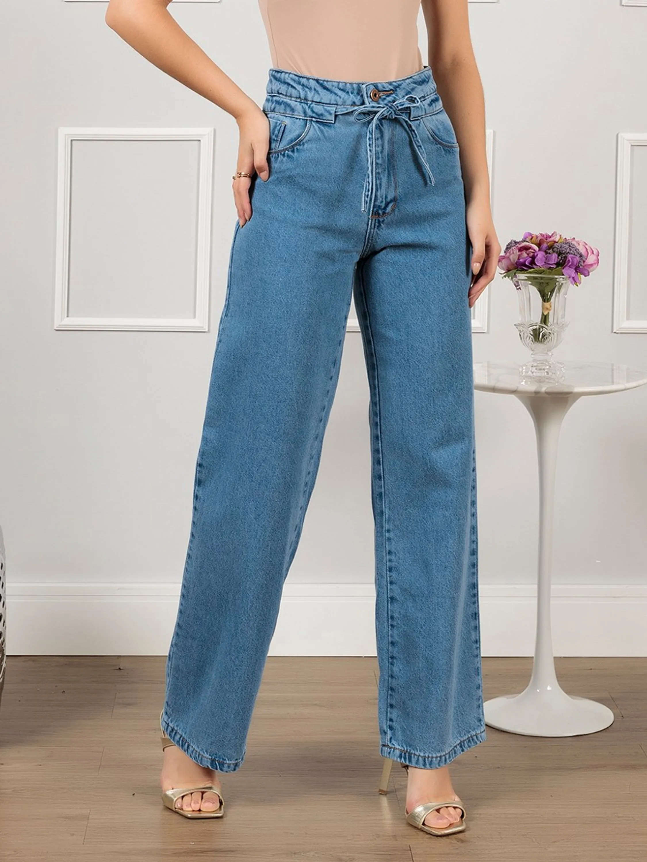 Calça Wide Leg jeans feminina  cintura alta com Cinto