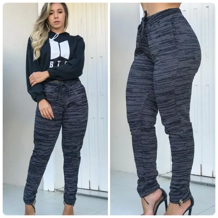 Calça Moletom Feminina Preta Jogger Riscada Frio inverno