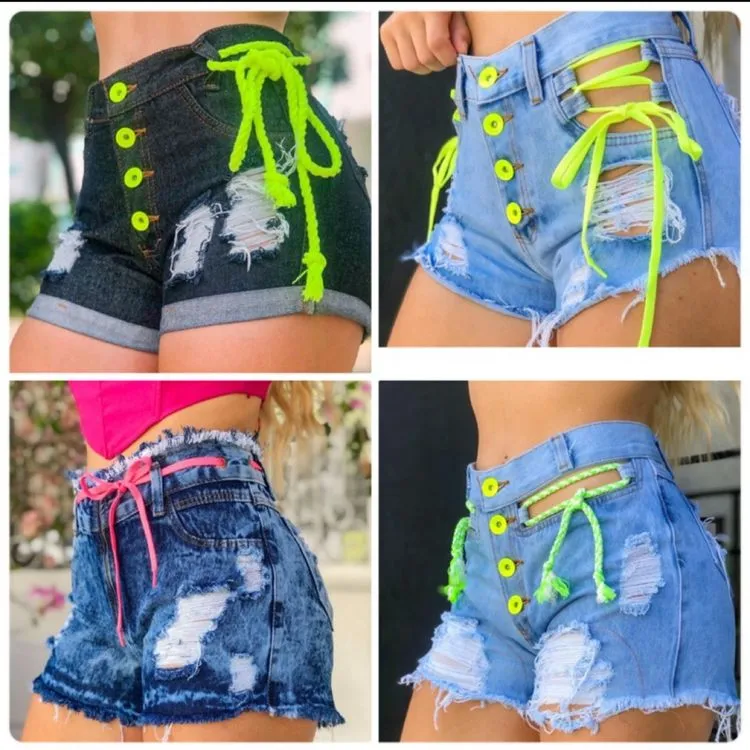 Kit 10 Shorts Jeans Sem Elastano Luxo Feminino Cintura Alta Destroyed Hot Pants