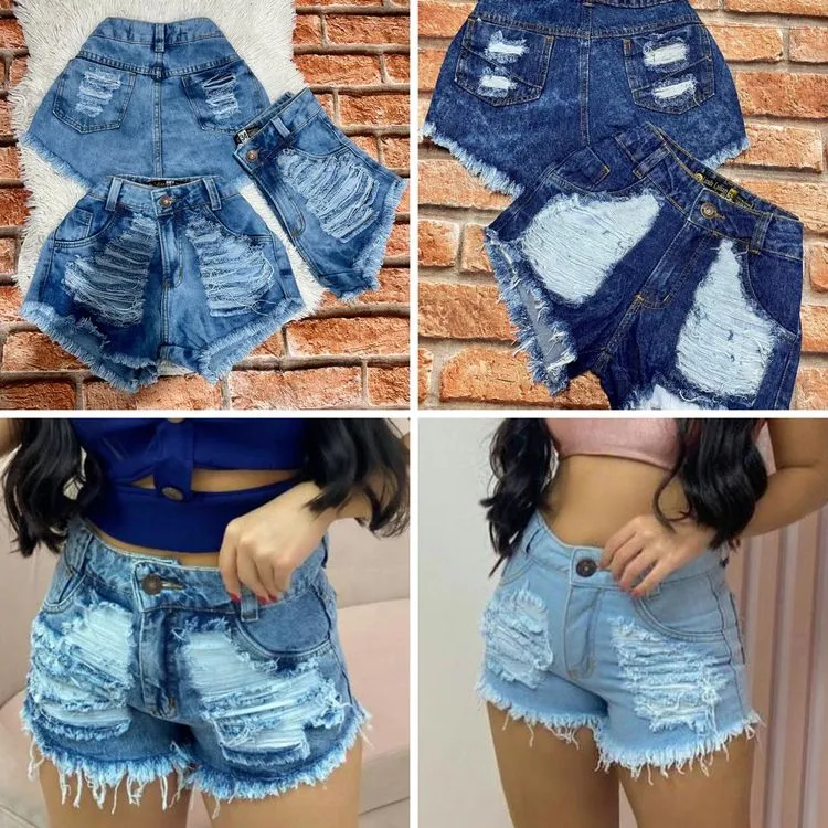 Kit 10 Shorts Jeans Feminino Sem laycra Detonado Cintura alta Hot pants