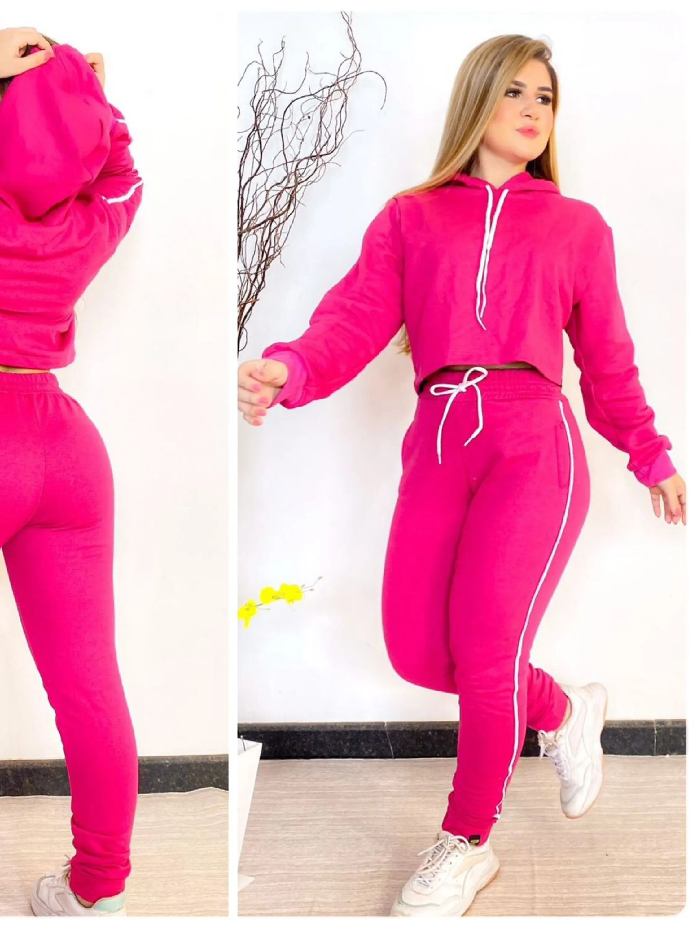 Conjunto Feminino de Moletom Calça e cropped com capuz pink