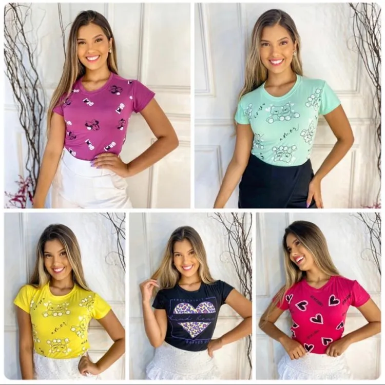 KIT 10 Camiseta T-shirts Feminina Em Malha Suede Atacado com Estampa Sortida Algodão Suede Blusa