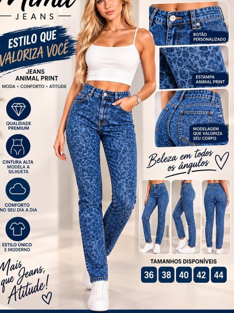 Calça jeans feminina animal print cintura alta Moda casual.