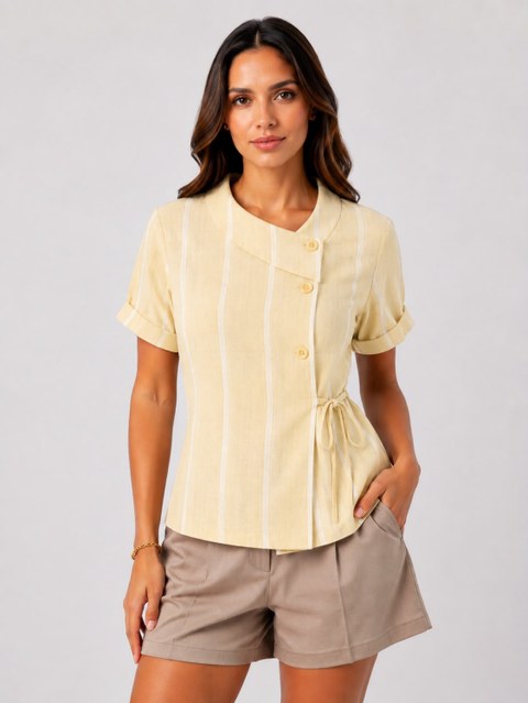 Blusa Feminina Listrada com Botões e Ajuste Later