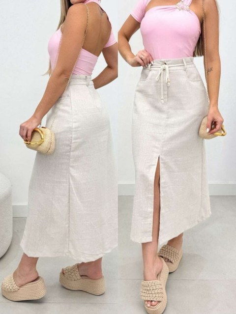 Saia midi com cinto linho