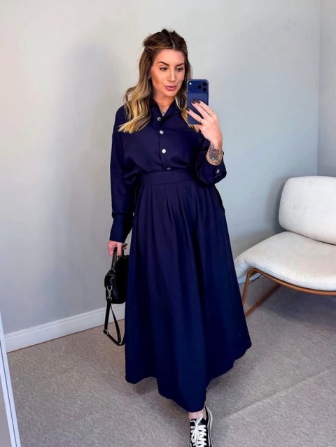 Conjunto Saia Longa + Camisa de botões