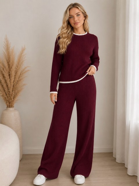 Conjunto em Tricô Mousse Bicolor com Calça Pantalona