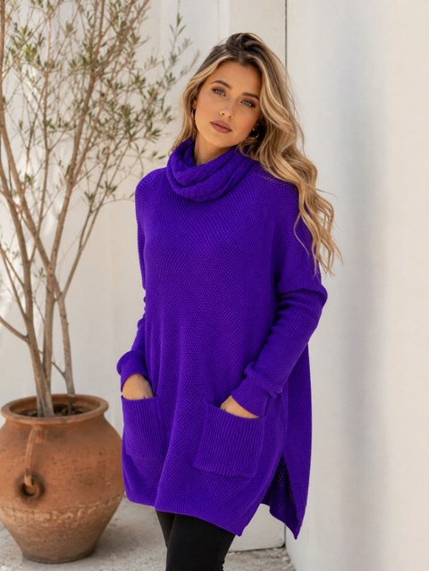 Blusa Tricô Gola Alta Oversized Feminina com Bolsos