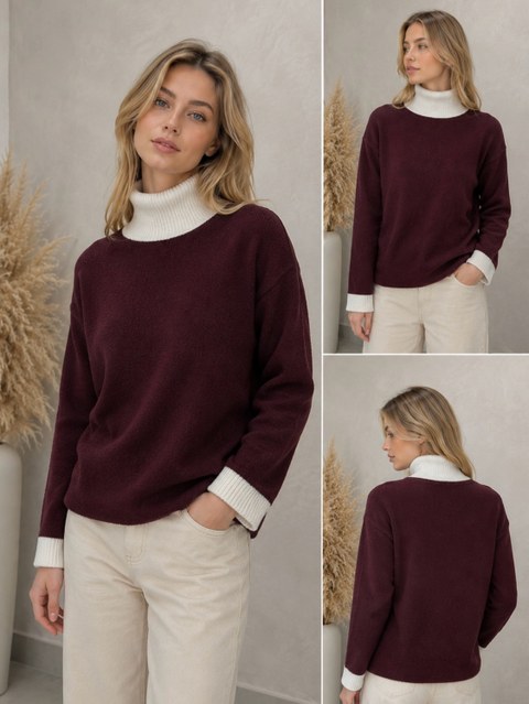 Blusa de Tricô Mousse Gola Alta Bicolor Feminina
