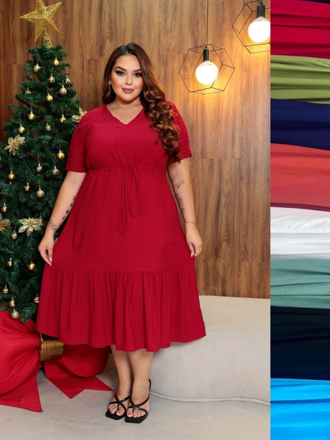 Vestido Midi Liso Manga Curta com Cordão Cod: 215