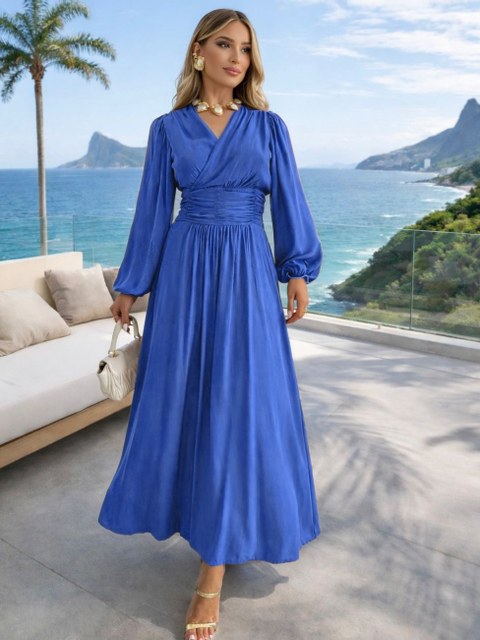 Vestido Longo Liso Manga Longa Drapeado Cod: 240