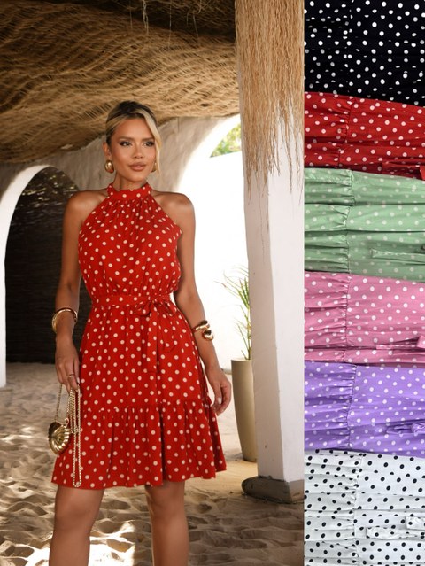 Vestido Curto Gola Alta com Cinto Estampa Bolinha Cod: 086