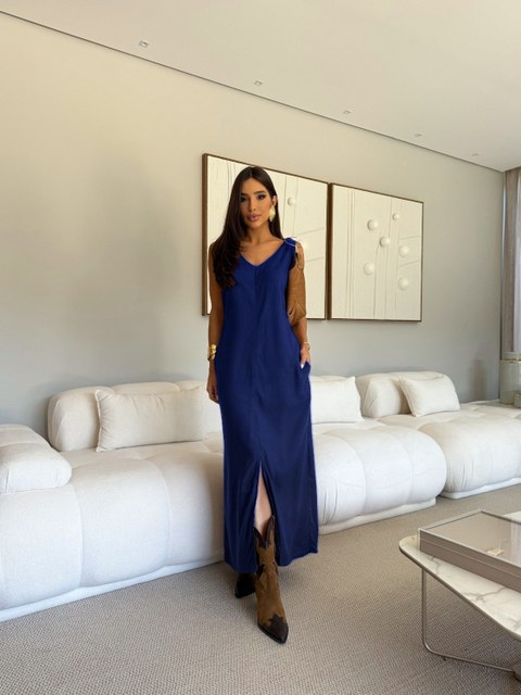 Vestido Longo Reto de Linho com Bolso Cod: 243