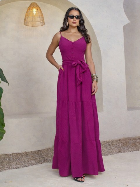 Vestido Longo Liso com Cinto e Botões Cod: 01