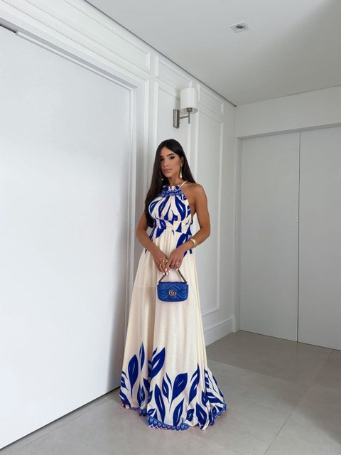 Vestido Longo Estampa Folha Decote Regulável Cod: X060