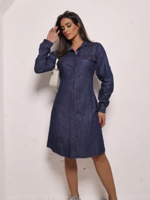 Vestido Midi Jeans Manga Longa ⭐