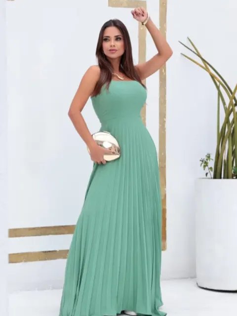 Vestido Longo Plissado de Alça ⭐