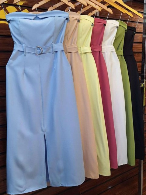 Vestido Tomara que caía com cinto tecido alfaiataria