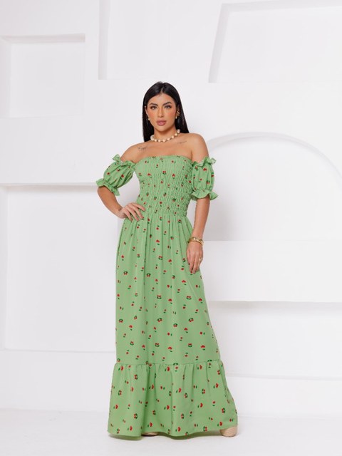 Vestido Longo com detalhes de cereja tecido Duna
