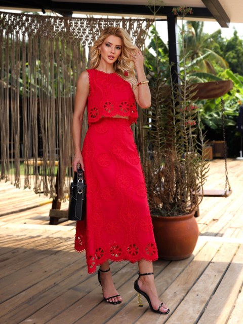 Conjunto de algodão/ Cropped com Saia Mídi