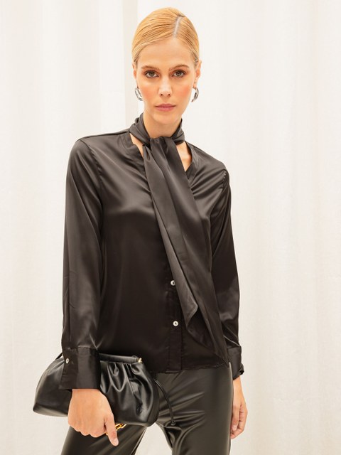 Blusa feminina de seda com gravata borboleta e botões Blusas de trabalho Camisa Top