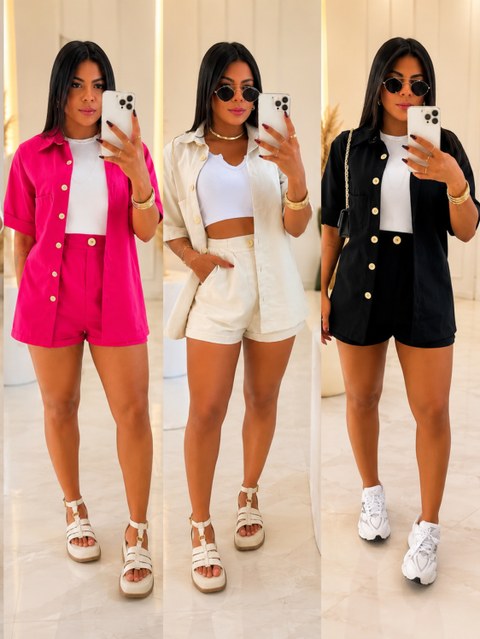 Kit 6 Conjuntos Linho Feminino Short e Camisa Atacado