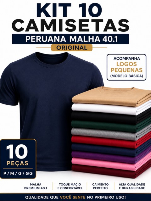 Kit 10 Camiseta Peruana 40.1 Original Malha Penteada Atacado
