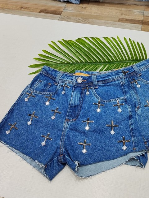 Short Jeans Feminino Pedraria Grande