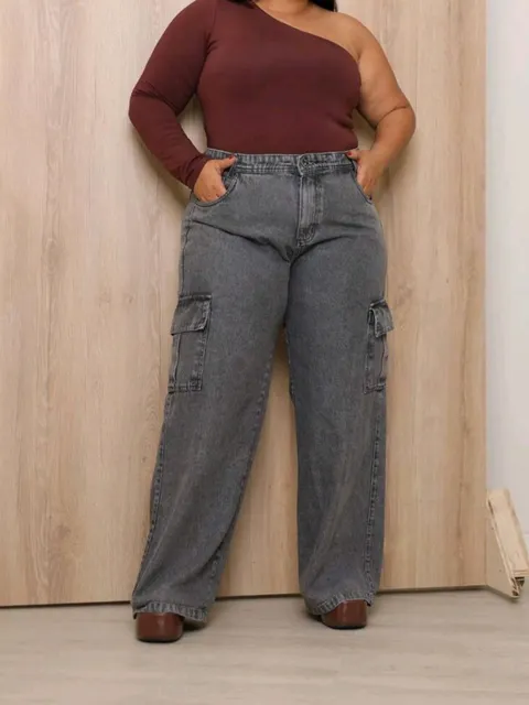 Cargo grafite plus size pantalona feminina