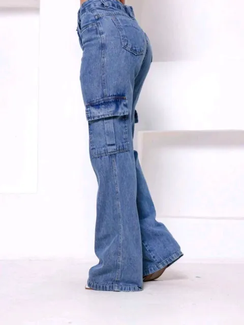 Cargo jeans marmorizado pantalona feminina