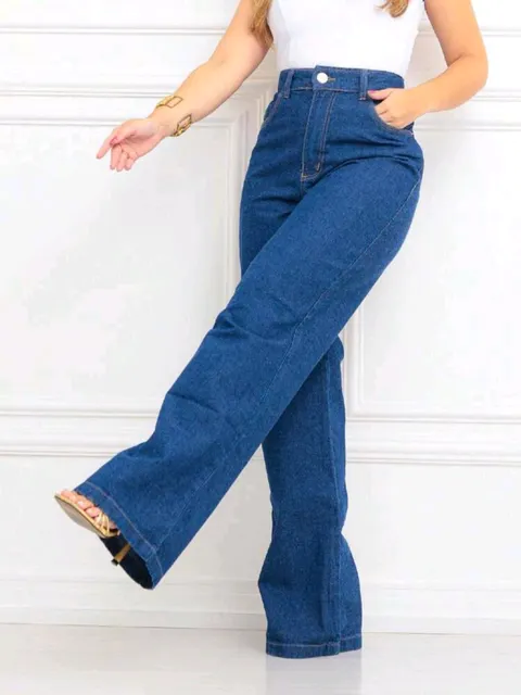 Wide leg jeans escuro pantalona feminina sem lycra
