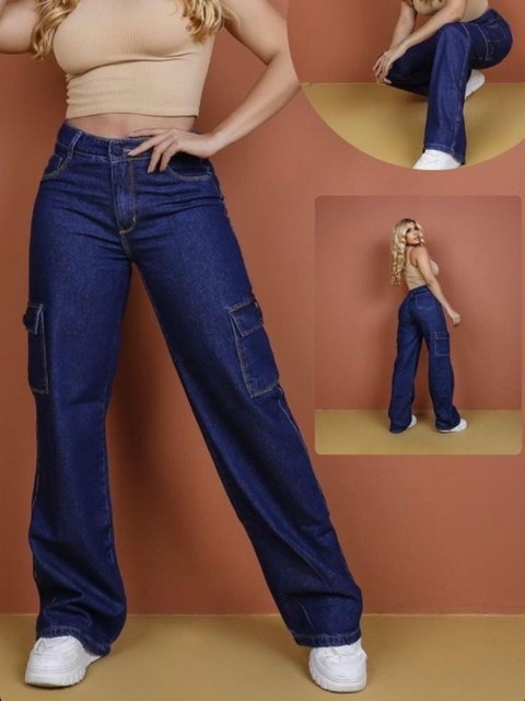 Calça cargo wide leg jeans pantalona feminina wissam jeans
