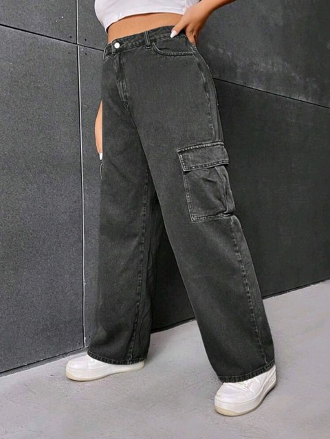Calça cargo grafite wide leg jeans pantalona feminina