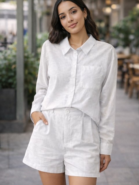 Conjunto Feminino Social Camisa Manga Longa E Short Linho