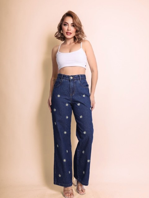 Calça jeans wide leg bordado Pantalona com flor