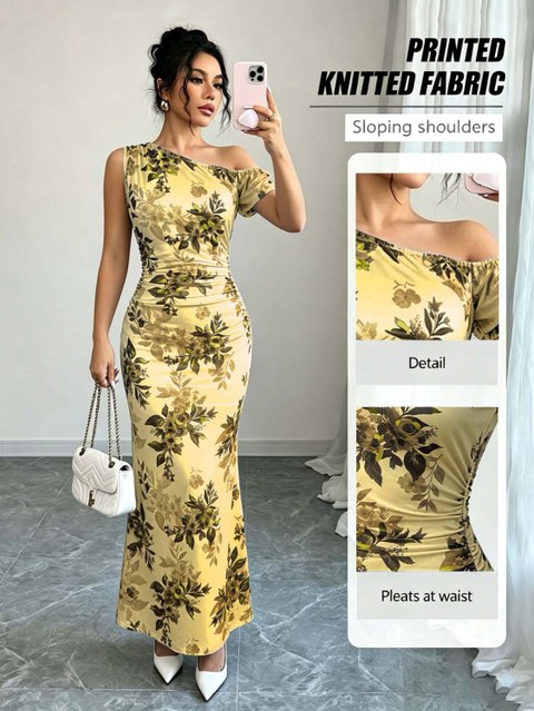Vestido maxi estampado com decote ombro a ombro