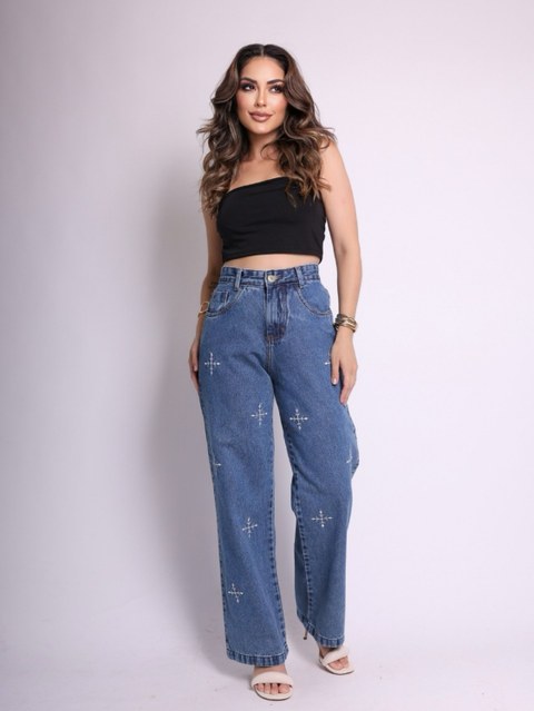 Calça jeans wide leg bordado c/flechas cruzadas feminino