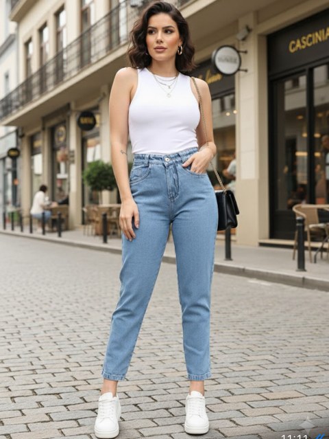 Calça Mom Jeans Feminina Barrinha Dobrada Cintura Alta