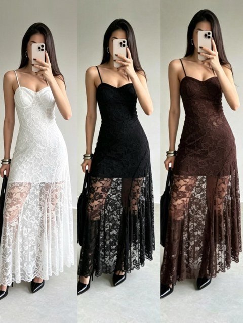 Vestido longo renda forrado social novidade linda