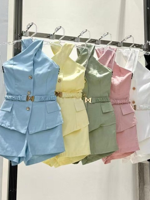 Conjunto colete com cinto linda e short linho novo social