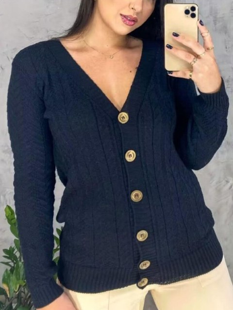 Casaco Cardigan Feminino Trico Com Botões Tranças Inverno